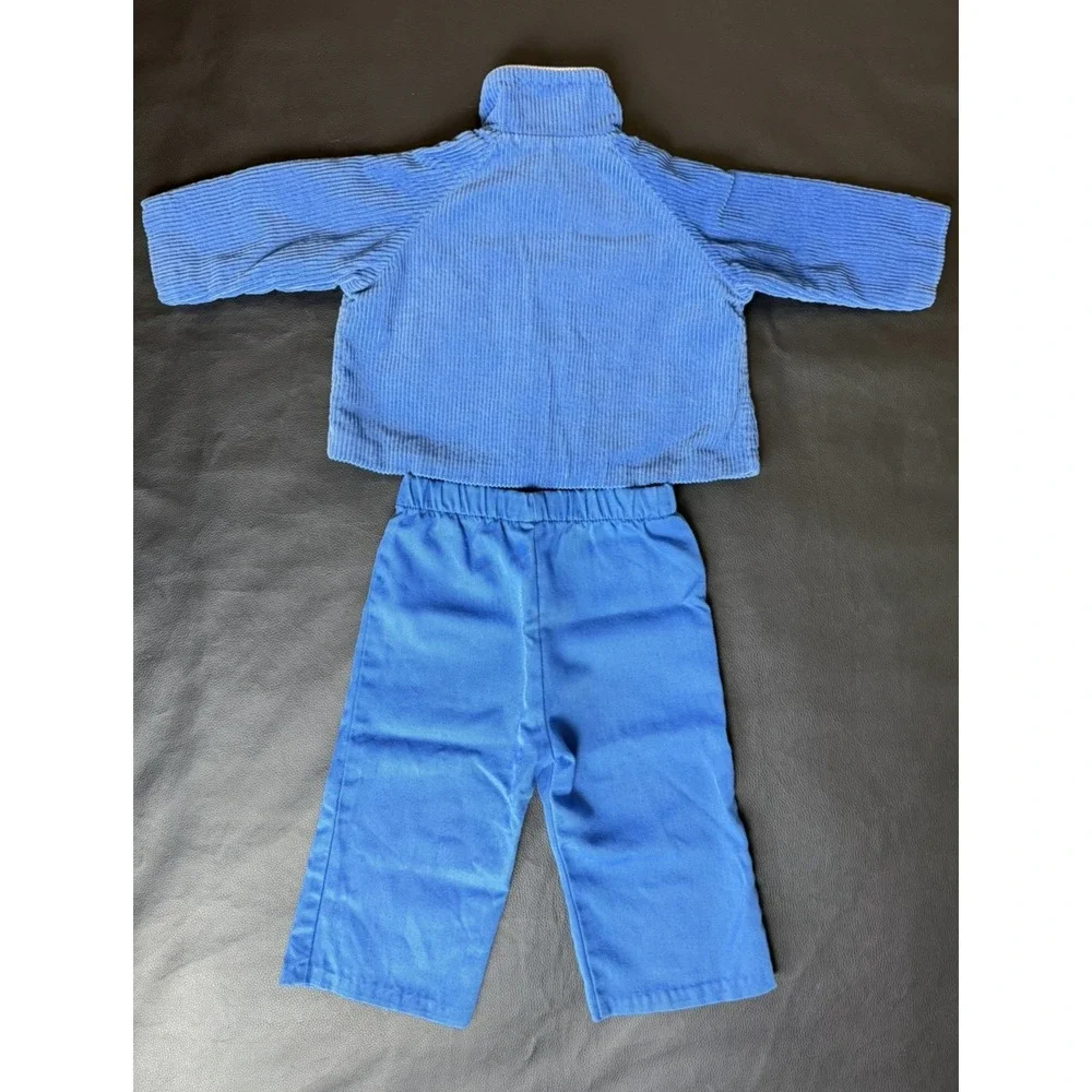 Vintage 70s Corduroy Baby Set Blue Jacket Pants Kangaroo Firefighter USA 18M